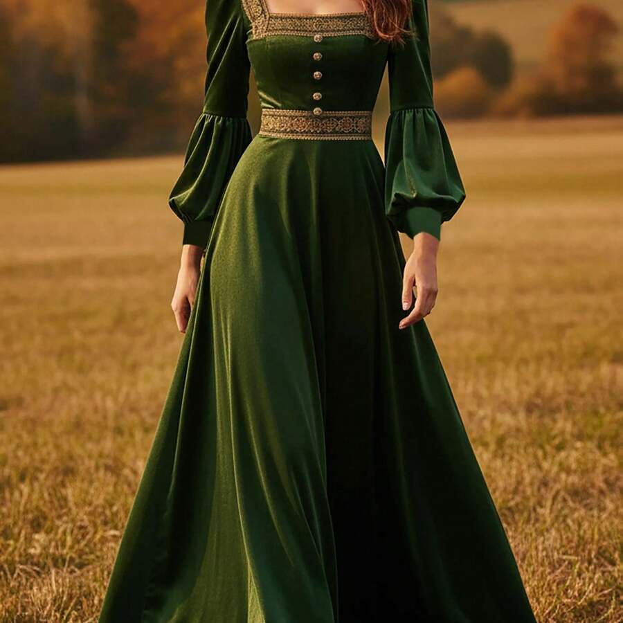 [Vintage Style Dress] Ladies' Fashion Elegant Vintage Style Long Dress LL168 - xanh quân đội - Xem 1
