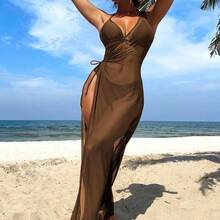 Swim Vcay Summer Beach Mono Bikini Set Halter Triangle Bra & Bikini & Drawstring Cutout Side Cover Up Dress 3 Piece Swimwear - Café integral - Ver 2