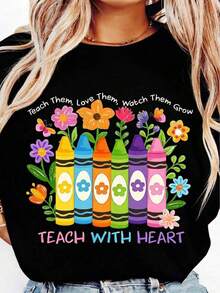 Cotton And Breathable | Teacher Appreciation T-Shirt - Heart Teaching Graphic, Pastel Colors - Soft And Breathable Cotton Daily Gift For Teachers For Teacher's Day, Back To School - Casual Clothing For Teachers, Unisex Summer Top XWGD - 黑色 - 查看 1