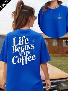 Graphic T-Shirt For Coffee Lovers, Short Sleeve Cotton T-Shirt With Round Neck, Double-Sided Print, Casual Fashion For Women (1 Piece) 100% Cotton, Soft Fabric - 藍色 - 查看 6