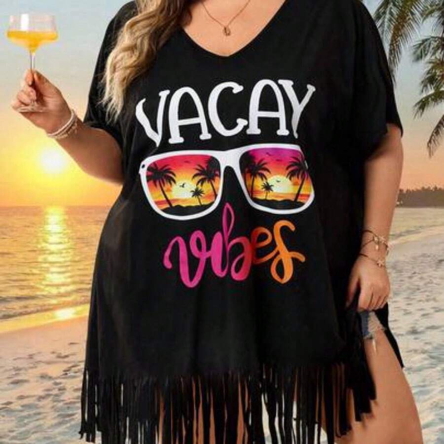 CURVE+ Curve Size US22Music Festival, Seaside Vacation, Bohemia Women's V-Neck Printed Loose Beach Cover-Up Top, Suitable For Summer Beach Vacation Plus Size Bathing Suits Women - Negro - Ver 1