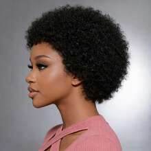 Wig Rambut Remy Keriting Afro Pendek 4-8 inci dengan Poni, Gaya Dasar Potongan Pixie Keriting Afro, Kepadatan 150% Rambut Manusia, Buatan Mesin Sepenuhnya, Tanpa Renda, Mudah Dipakai, Ideal untuk Pemakaian Sehari-hari dan Acara Khusus, Rambut Pendek Serbaguna - Natural Black - View 3