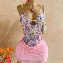 WYWH Women's Vacation Floral Sequin Ruched Bodycon Cami Mini Dress,Pink Dress - Rosa - Ver 9