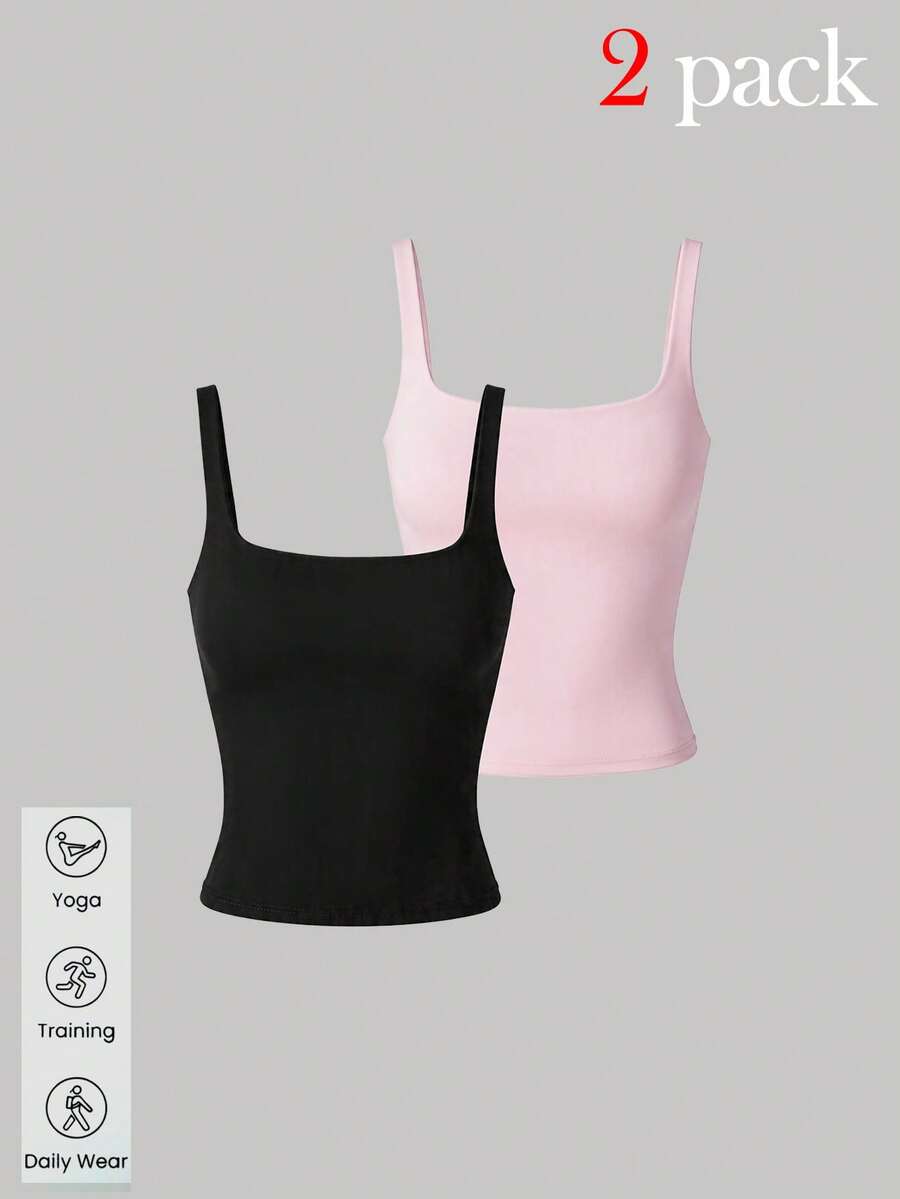 Aoqta Sports 女款休閒針織方領露背細肩帶背心，內建胸墊，純色修身上衣，適合瑜伽、訓練與日常穿著