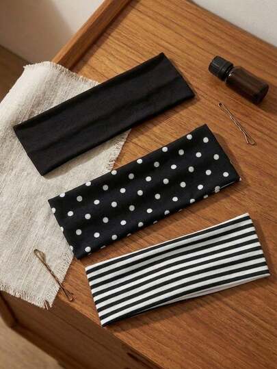 3pcs Unisex Elegant Polka Dot, Striped, Black Elastic Sports Headbands, Classic Minimalist Hair Accessories, Suitable For Daily Fitness, Yoga, Running, Sweat-Absorbing