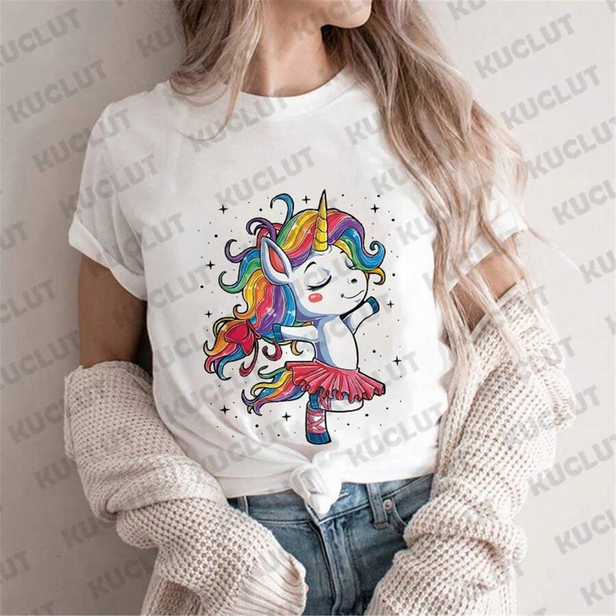 Camiseta Unicorn Ballet para mujer, diseño de baile, top de anime, camisetas gráficas para chicas, ropa divertida para mujer, camiseta de manga corta para baile - Blanco - Ver 1