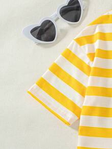 2pcs/Set Girls' Casual Striped Print Decor Raglan Sleeve Top And Solid Color Shorts Set, Spring/Summer - Yellow - View 4