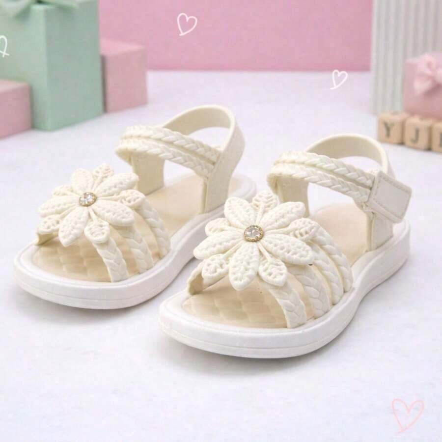 Sandália Infantil Feminina Floral Rosa Bebê Confortável Menina - Bege - Visão 1