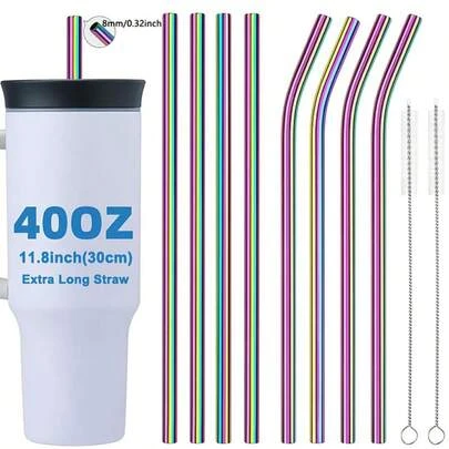 3/5/10pcs Rainbow Metal Straw & Cleaning Brush Set For 40oz Tumbler, 304 Stainless Steel 11.8inch Extra Long Straw, Kitchenware For Home/Bar/Party, Elegant Gift