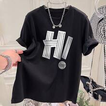 Camiseta de manga corta de algodón puro para mujer, nuevo estilo de verano 2024, corte holgado, estilizante, a la moda, de alta gama, versátil, con estampado de letras elegante. - Negro - Ver 10