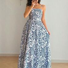 Women's New Waist-Cinching Spaghetti Strap Backless Blue & White Porcelain Ditsy Floral Dress, Fashionable & Elegant Casual Holiday Dress - Multicolor - Ver 6