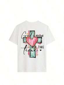 Camiseta Christian "Dios Siempre Es Bueno" con Estampado de Cruz y Letras, Ropa Casual de Manga Corta y Cuello Redondo, Unisex, Blanca para Verano - Blanco - Ver 4