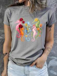 Women's T-Shirt, Soft And Breathable Fabric, Floral And Seahorse Print, Suitable For Everyday Casual Wear, Soft Knit Fabric, Machine Washable, Standard Size - Unisex Cotton T-Shirt With Short Sleeves And Round Neck, Urban Vintage Style. - 黑色 - 查看 10