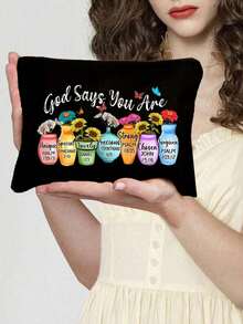 Túi đựng mỹ phẩm in chữ "God Says You Are", túi du lịch dễ thương dành cho nữ, túi đựng mỹ phẩm nhẹ, tiện dụng khi đi du lịch, ví đựng tiền xu đa năng. - Nhiều màu - Xem 16