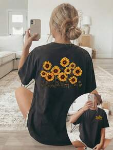 [Imágenes Frontales y Traseras] Camiseta Casual de Manga Corta con Cuello Redondo para Mujer, Primavera/Verano, Campo de Girasoles, Luz del Sol, Vibrante y Animada. Camiseta estampada, tela transpirable y lavable a máquina, adecuada para la comodidad en todas las estaciones, ropa de verano para mujer, top de verano, ideal para bodas, vacaciones en la playa y otras ocasiones - Camiseta Vintage de Estilo Urbano Unisex de Algodón, Manga Corta y Cuello Redondo. - Negro - Ver 12
