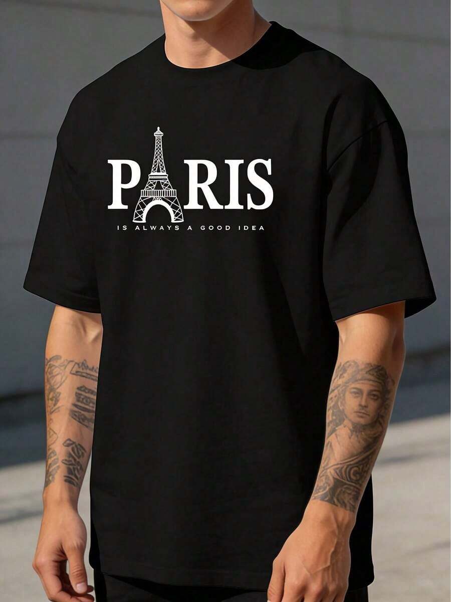 Camiseta de Hombre con Estampado de la Torre Eiffel - Cuello Redondo Casual, Manga Corta, Tela Elástica, Lavable a Máquina - Esencial para el Verano - Negro - Ver 1