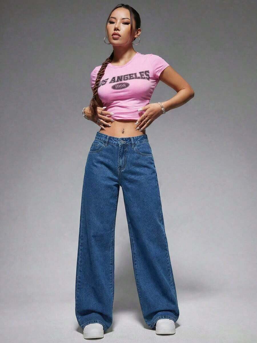 ICON Solid Color Wide Leg Pocket Jeans, Casual And Versatile - 深藍色 2 - 查看 1