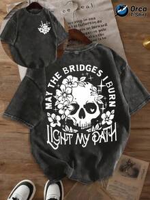 Camiseta para hombre con estampado floral de calaveras, de manga corta, diseño moderno y único, prenda de moda y versátil. Camiseta casual de algodón lavado vintage de doble cara, adecuada para vacaciones, salidas, el hogar, actividades al aire libre, regalos y otras ocasiones - Camiseta unisex de algodón holgada de manga corta y cuello redondo estilo vintage urbano. - Albaricoque - Ver 10