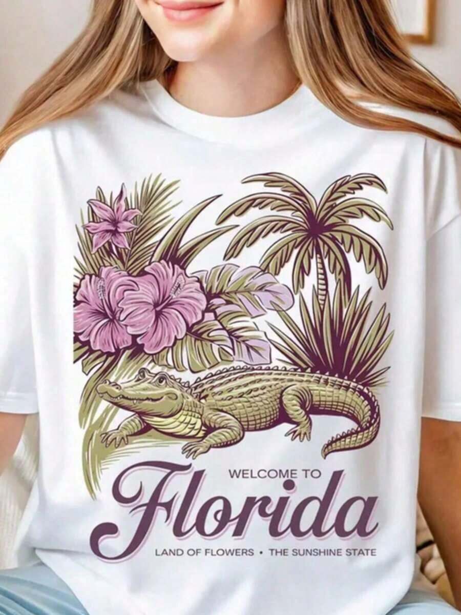 Florida T-Shirt, Florida T-Shirt, Aesthetic Graphic T-Shirt, Sunshine State Florida T-Shirt, Summer T-Shirt Gift, Women's Oversized Summer T-Shirts, Women's Dresses - white002 - 查看 1