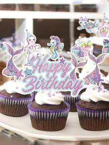 17件套美人鱼蛋糕装饰套装，海洋主题生日快乐甜点装饰签，包含美人鱼、水母、海豚、海马图案，紫色和蓝色纸质装饰，生日和夏季海洋主题派对用品，甜点桌装饰 - 多色 - 查看 9
