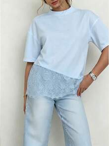 Spring New Solid Color Knit Fabric Lace Patchwork Short Sleeve T-Shirt, Casual, Sports, Office Wear For Spring/Summer - Clear Blue - View 7