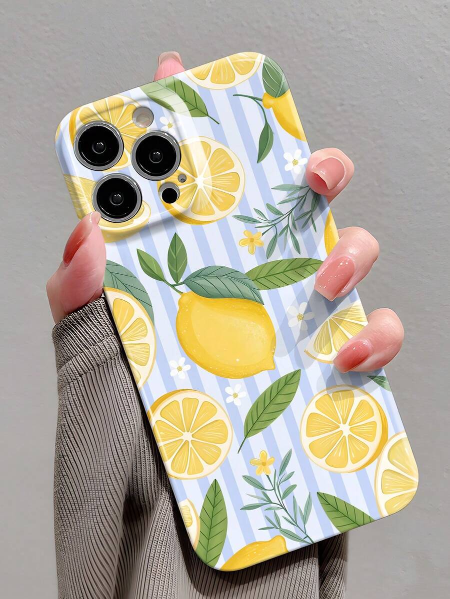 1 pieza Funda de teléfono dura con estilo Ins, diseño fresco de limón, hoja, patrón de rayas clásico y perforado, acabado brillante y efecto cinematográfico, apta para iPhone 11/12/13/14/15/16 Pro Max - Multicolor - Ver 1