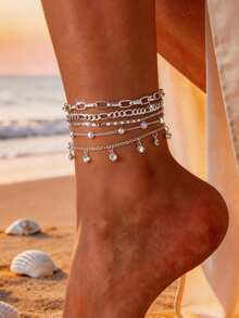 5pcs Fashionable Minimalist Copper Inlaid Crystal Faux Pearl Geometric Round Pendant Anklet, Suitable For Women's Beach, Party Wear, Holiday & Birthday Gift (Random Quantity) - Silver - View 5