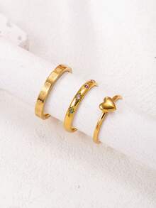 3pcs Fashionable Minimalist Stainless Steel Hollow Heart Diamond Inlaid Couple Rings Set, Suitable For Daily Wear, Holiday & Date Gift - Gold - View 13