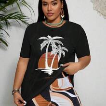 Swim Lushore Plus Size Women Summer Beach Wireless Tankini Set & Palm Tree Printed Short Sleeve Cover Up - Multicolor - Ver 10