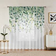 1pc Eucalyptus Watercolor Sheer Curtain, Fresh Translucent Window Curtain Suitable For Children's Room, Size 52 Inches Wide * 84 Inches Long - Green - View 11
