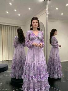 Women's Elegant Modern Romantic Floral Print Long Sleeve Ruffle Patchwork Design Luxurious Swing Dress With Ruffled Hem - Mauve Purple - View 7