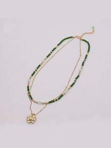 1pc Vintage Green Beaded Long Necklace, Multi-Color Elegant Layered Necklace Suitable For Women's Daily, Festival, Party Wear, Can Be Given As New Year Or Jewelry Gift - Dark Green - View 4