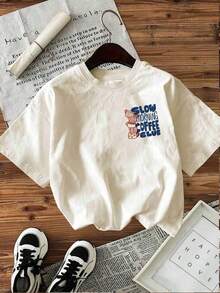 [Double-Sided Print] Women's Fashion Spring-Summer T-Shirt, Hand-Painted Style, Coffee Cup Print, SLOW MORNING COFFEE CLUB SERVED DAILY, Round Neck, Short Sleeve, 100% Cotton Women's T-Shirt [Chu K], Short Sleeve Graphic Print Streetwear Style T-Shirt For Summer - 杏色 - 查看 3
