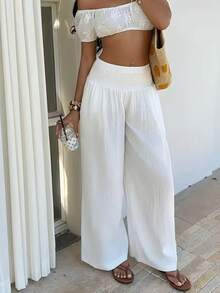 Women's Elegant Lightweight Solid Color Pleated Elastic Waist Casual Pants, Comfortable Loose Fit Suitable For All Seasons White - White - View 2