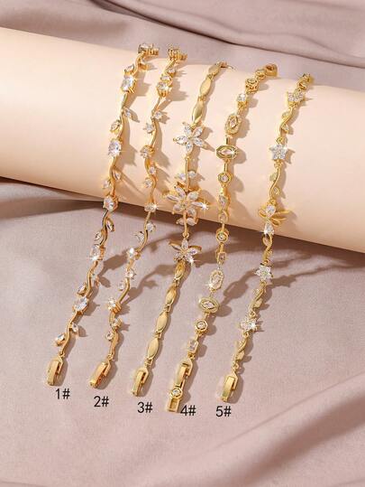  1pc Shiny Luxury Gold Women's Bracelet, Floral/Bow/Oval/Star Densely Set Cubic Zirconia Bracelet, Exquisite Luxurious Jewelry Feel, Suitable For Mature Style, Ideal Accessory For Daily Outings, Fashion Outfits And Party Gatherings