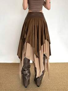 Top Dazzle Women's Boho Sexy Asymmetrical Layered Midi Skirt Elegant Polyester Tiered Design With Slight Stretch For Party Vacation Stage & Concert - Brown - View 5