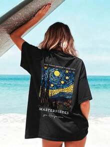 Camiseta de manga corta negra de cuello redondo, holgada y versátil, con estampado de letras artísticas, estilo casual, para mujer, ideal para el verano, vacaciones y uso diario - Camiseta de algodón holgada de estilo vintage urbano. - Negro - Ver 5