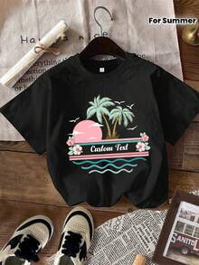 [Artículo Personalizado] Camiseta de Viaje de Playa de Verano, Camiseta de Playa Personalizada, Camiseta Personalizada con Palmeras de Playa, Camiseta con Texto Personalizado 'Vibes de Playa', Camiseta de Vacaciones en la Playa, Camiseta para Viajes de Verano, Regalos de Viaje - Negro - Ver 1