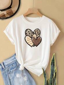 2026 Women's Shirt Print, New Summer Lightweight Casual Blouses For Ladies, Extra Casual T-Shirt For Women With Leopard Print And Heart Design - Round Neck, Short Sleeve, Elastic Fabric For Spring/Summer, Comfortable And Versatile Fashion Casual Top - 白色 - 查看 6