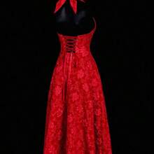 ICON Deep V-Neck Bowknot Strap Jacquard Palace Style Romantic Satin Dress White Dresses For Women - Rojo - Ver 5