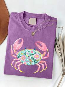 Nueva Camiseta de Mujer 2026 con Estampado de Cangrejo, Lavada, Estilo Batik Vintage, de Alta Calidad, para Playa de Verano, Regalo para el Día de la Madre - Negro - Ver 8