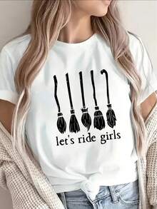 Camiseta de manga corta, diseño de escoba, estampado "Let'S Ride", ligera y duradera, adecuada para uso casual, perfecta para fiestas de Halloween o atuendos diarios, ajuste cómodo para mujeres. - Blanco - Ver 1