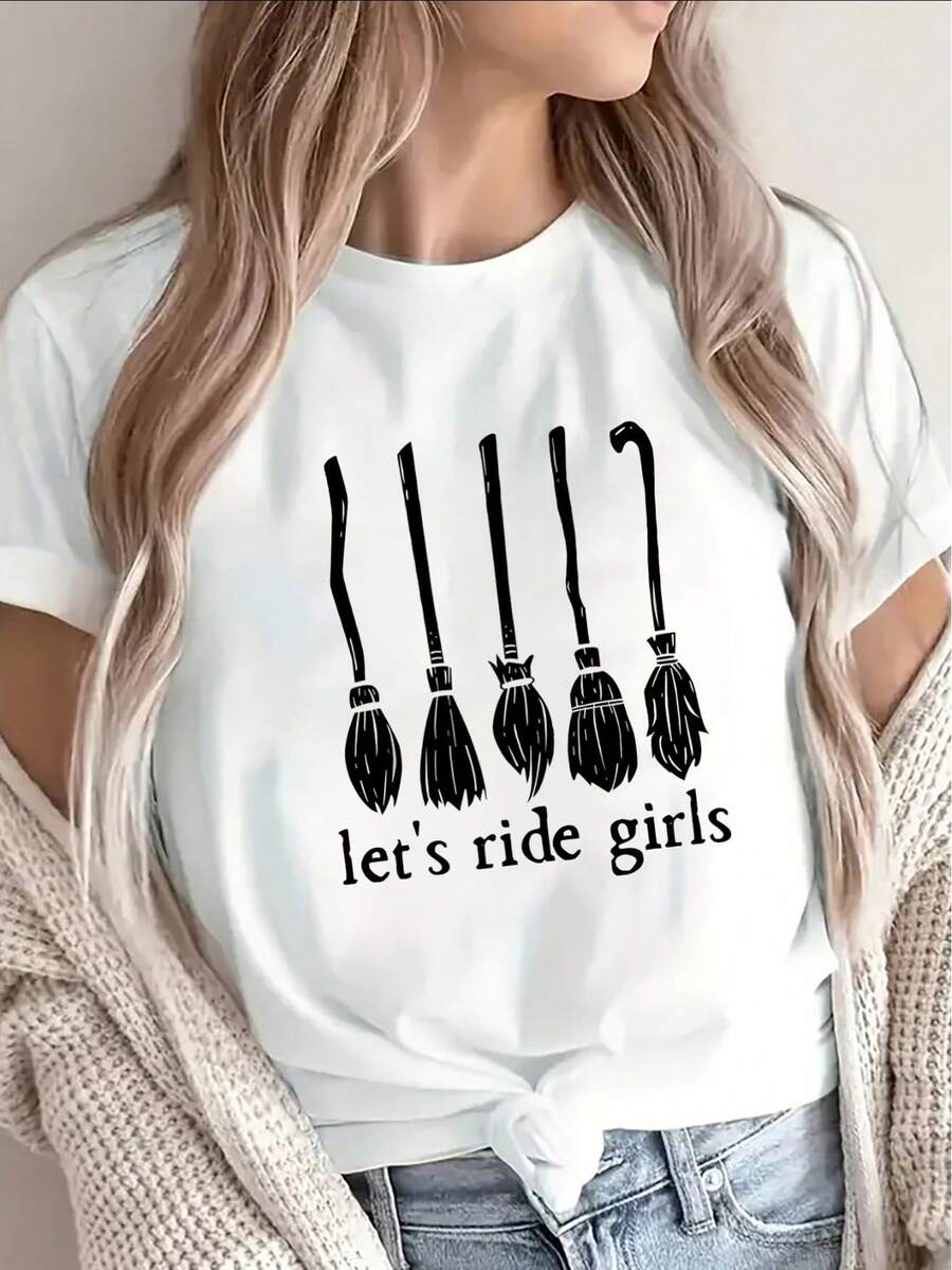 Camiseta de manga corta, diseño de escoba, estampado "Let'S Ride", ligera y duradera, adecuada para uso casual, perfecta para fiestas de Halloween o atuendos diarios, ajuste cómodo para mujeres. - Blanco - Ver 1
