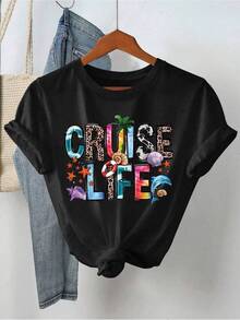 Camiseta de Tela Suave para Mujer "Cruise Life" con Estampado de Letras de Ambiente Veraniego, Manga Corta, Cuello Redondo, Deportiva, Casual y Duradera - Negro - Ver 1