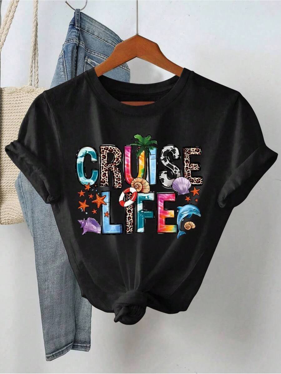 Camiseta de Tela Suave para Mujer "Cruise Life" con Estampado de Letras de Ambiente Veraniego, Manga Corta, Cuello Redondo, Deportiva, Casual y Duradera - Negro - Ver 1