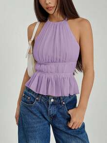 Top de tirantes sin espalda con cuello de halter y cintura anudada plisada para mujer - Morado - Ver 5