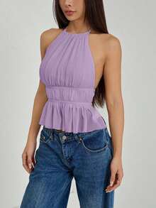 Top de tirantes sin espalda con cuello de halter y cintura anudada plisada para mujer - Morado - Ver 10