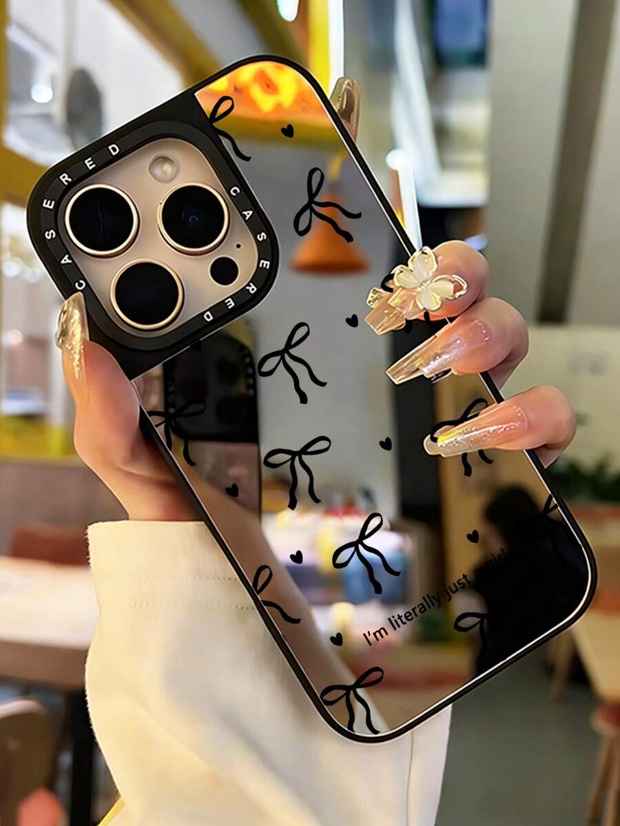Cute Black Mirror Element Fashion Shockproof Bow Heart Pattern Mirror Shockproof Phone Case, Suitable For IPhone 13/11/17/17 Pro/16/14/15/15 Pro/15 Plus/15 Pro Max/X/Xs Max/Xr/11 Pro/12 Pro/13 Pro/14 Pro/11 Pro Max/12 Pro Max/13 Pro Max/14 Pro Max/14 Plus/17 Pro Max/17 Air, Spring Gift - Multicolor - View 1
