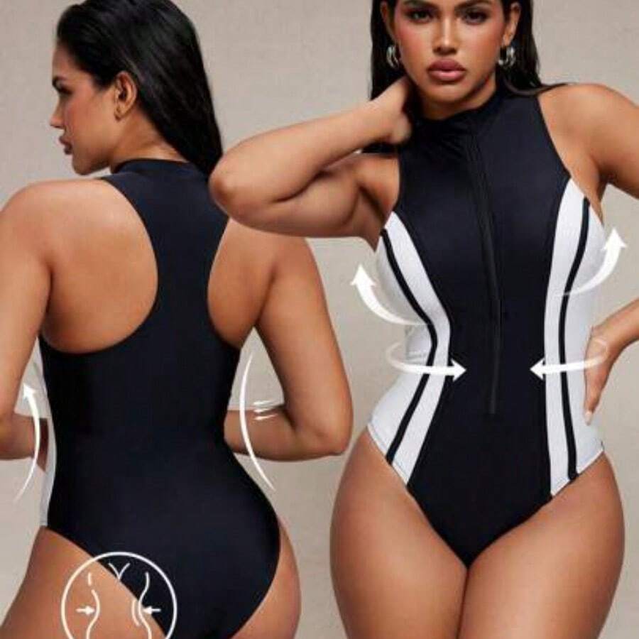 Women's Black & White Spliced Zipper Stand Collar One-Piece Swimsuit, Tummy Control, Racer Back, Linear, Exquisite And Premium Beach Vacation Shaping Swimsuit For Summer - Blanco y Negro - Ver 1