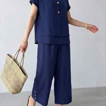 2 piezas Conjunto informal de verano para mujer de unicolor, cuello redondo, manga corta, holgado - Azul - Ver 5